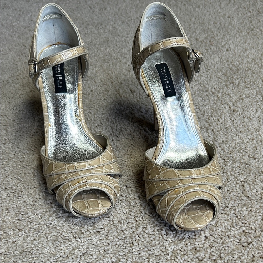 White House, black market, beige reptile, print heels
